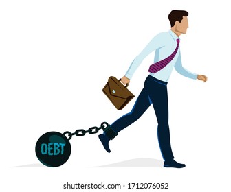 Businessman with weight metal ball on shackles symbolizes debt or problems vector illustration isolated on white, handsome man trying to walk forward but troubles stop him.