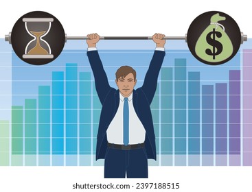 businessman weightlifting, holding up the weight of time and money with bar graph in background