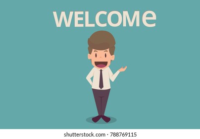 Businessman welcome.cartoon of business success is the concept of the man characters business, the mood of people, can be used as a background, banner, infographic. vector  illustration