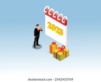 Businessman Welcoming the New Year 2025 with Gift Boxes 3d isometric vector illustration