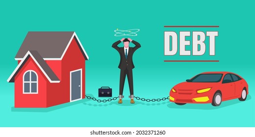 businessman were depressed because of debt got chained with home and car icon symbol. Mortgage debt vector illustration