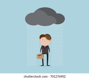 businessman wet and tried in rainy day cartoon vector illustration