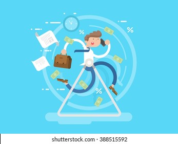 Businessman At The Wheel. Business Wheel, Person Run, Hamster Race Metaphor, Vector Illustration