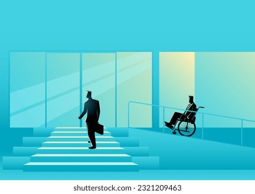 Businessman in wheelchair enters office via special ramps, office disability-friendly, building facility for disability, vector illustration