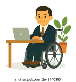 Businessman in wheelchair working on laptop at office desk with potted plant. Flat vector illustration. Professional employment and workplace accessibility for disabled people concept