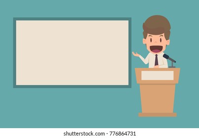 Businessman with white board for work presentation in office.Cartoon of business success is the concept of the man characters business, the mood of people, banner, infographics. illustration vector