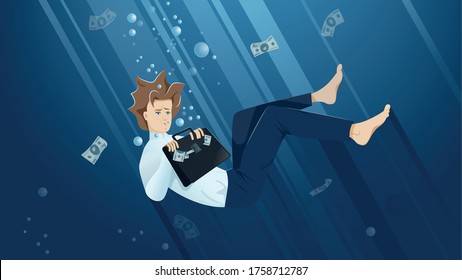 Businessman in a white shirt and dark blue trousers presses a suitcase to his chest. money sticking out of a suitcase. The man held his breath underwater. The concept of drowning small business.