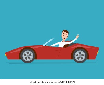 Businessman in a white shirt is driving a red sports car on a blue background