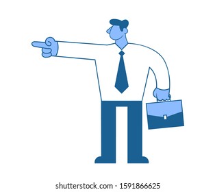 Businessman in white shirt pointing out at something. Flat vector illustration. Isolated on white background