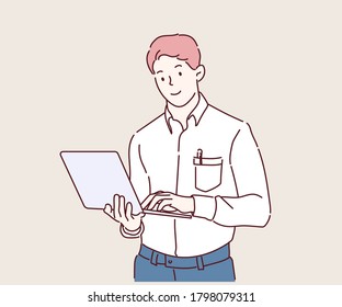 Businessman in white shirt working on laptop while standing. Business concept. Hand drawn in thin line style, vector illustrations.