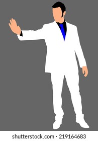businessman in white suit showing stop hand, vector 