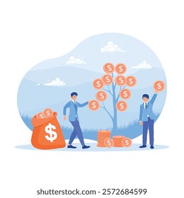 Businessman who accumulates wealth from the money tree. Symbolizes financial growth, investment success, and prosperity. Investing money in self-development concept. Flat vector illustration.