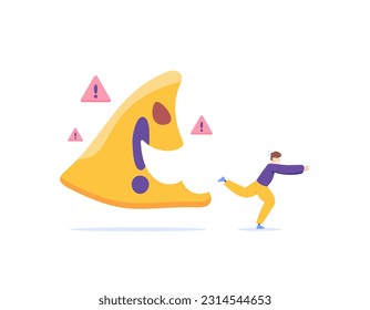 A businessman who is afraid to take big and dangerous risks. Run or escape from challenges. Don't dare to take risky decisions. was chased by a warning monster. illustration concept design. vector