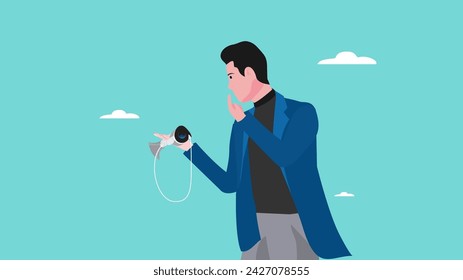 businessman who was amazed by mixed reality headset which combines virtual reality and augmented technology concept vector illustration with flat design style