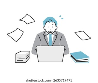 A businessman who is anxious because of a mountain of work.