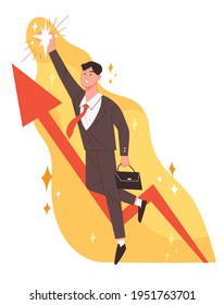 A businessman who caught a shining star. New business innovation idea, rising arrow, successful business concept vector illustration.