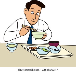 A businessman who eats in the employee cafeteria using chopsticks