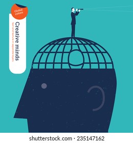 Businessman who escaped a brain jail looks through a spyglass. Vector illustration Eps10 file. Global colors. Text and Texture in separate layers.