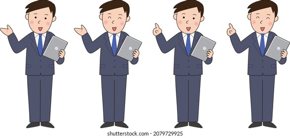 A businessman who explains while holding a tablet, 4 patterns