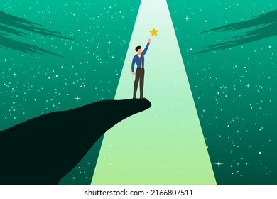 Un hombre de negocios que sube al precipicio para agarrar una estrella de éxito. Ambiente nocturno estrellado. Hacer realidad tus sueños. Concepto de negocio. Ilustración del vector