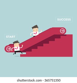 Businessman who going up to escalator to success and another man who is climbing the stairs