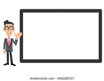 A businessman who guides in front of a horizontal tablet PC