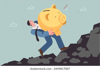 Businessman who has saved money carries large piggy bank, walking up cliff and trying to save capital. Investor guy with moneybox wants to maintain financial well-being to use money in old age