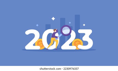 un empresario que busca una oportunidad de negocio que tendrá éxito en 2023. análisis empresarial que ganará mucho dinero en 2023. feliz año nuevo 2023. investigación. concepto de ilustración