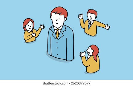 A businessman who is looking for a new job listens to various people and thinks about them. Competition concept