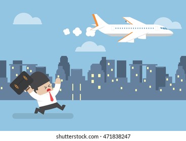Businessman who missed his flight running behind a plane, time management concept