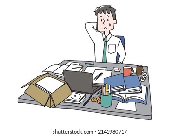 A Businessman Who Is Not Good At Cleaning Up The Desk, A Comical Handwritten Person, Vector, Color On Line Drawing