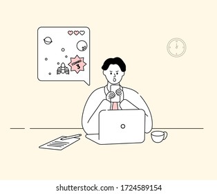 businessman who plays smartphone games at office. illustration set. concentration, device, on the quiet, rocket. Vector drawing. Hand drawn style.