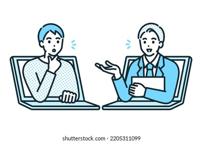 A businessman who is responding to customers online. Vector illustration material.