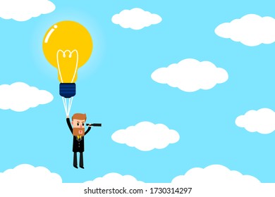 Businessman who are searching for opportunities to improve themselves. Businessman flying by light bulbs balloon. Business Concept. Vector illustration