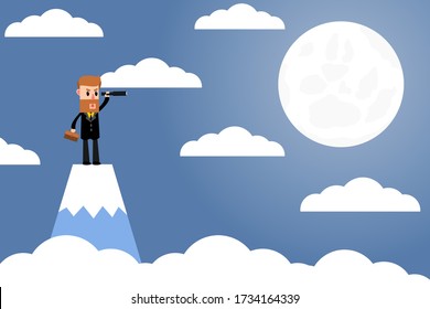 Businessman who are searching for opportunities to improve themselves while standing on a mountain peak in the night of the full moon. Business Concept. Vector illustration 