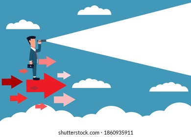 Businessman who are searching for opportunities to improve themselves. Businessman standing on flying arrows. Business Concept. Vector illustration
