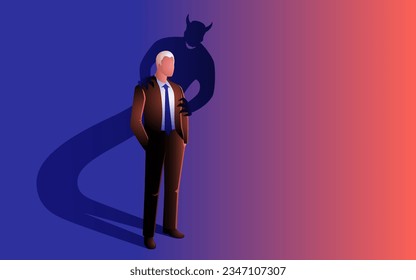 The businessman who is seduced by his own inner devil is symbolized by his own shadow in the form of a devil