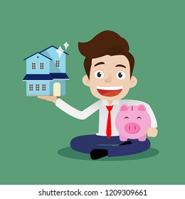 Businessman who is trying to save money to buy a dream home, Cartoon vector illustration
