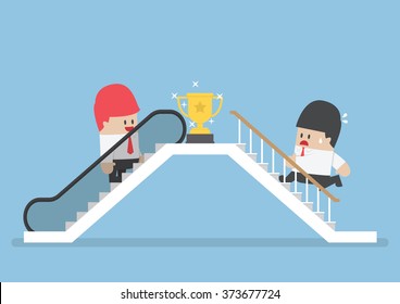 Businessman who use escalator to success and his rival climbing the stair, Shortcut to success