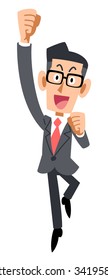 Businessman who wears glasses to jump with joy