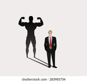 Businessman whose shadow looks like a bodybuilder. A metaphorical image of professional, strong leader. Vector