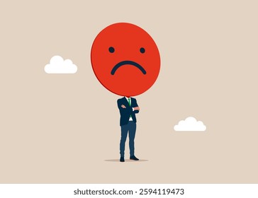 Businessman with a wicked face of a head on shoulders. Burnout from tiring work or demotivation from failure, stress. Flat vector illustration.