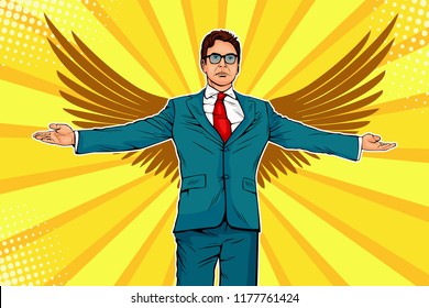  Businessman with widely spread arms and wings. Business angel, investmentor or sponsor concept. Vector illustration in pop art retro comic style