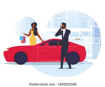 Empresario con Esposa Vectora Plana Ilustración. Personajes De Caricatura De Pareja Casada Africano-Estadounidense. Un hombre exitoso hablando por teléfono, una mujer hermosa sosteniendo bolsas de compras. Lujo estilo de vida