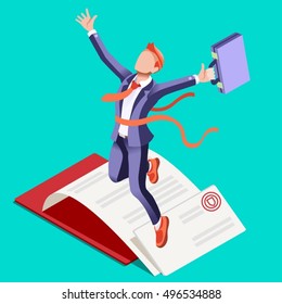 Businessman win career concept infographic vector design 3D character ambitious men. Man ambition isometric businessman man Vector career businessman win Isometric Business character career management