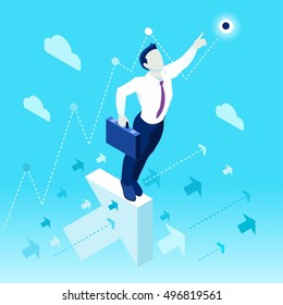 Businessman win career concept infographic vector design 3D character ambitious men. Man ambition isometric businessman man Vector career businessman win Isometric Business character career management