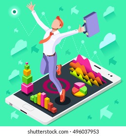 Businessman win job concept infographic vector design 3D character ambitious men. Man ambition isometric businessman. Vector job businessman win. Isometric Business man character job management