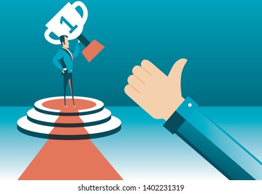 businessman win trophy. successful and happy worker. business design concept. vector illustration.