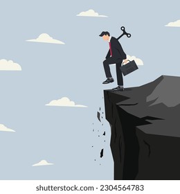 Businessman with wind up key about to step on tip of cliff vector illustration