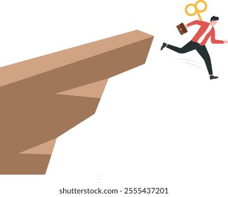 Businessman with wind up key about to step on tip of cliff vector illustration

